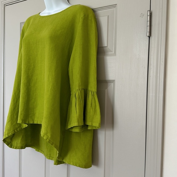 Bryn Walker Fran Linen Round Neck Ruffle 3/4 Bell Sleeve Top Tunic - Picture 4 of 11